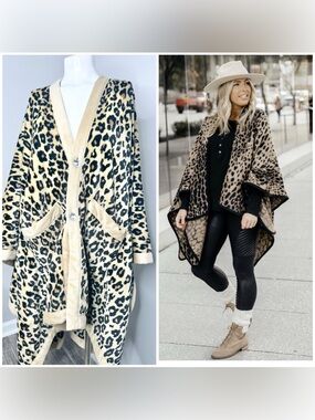 Concierge Collection Leopard Print Open-Front Cardigan Shrug - Beige/Black- free